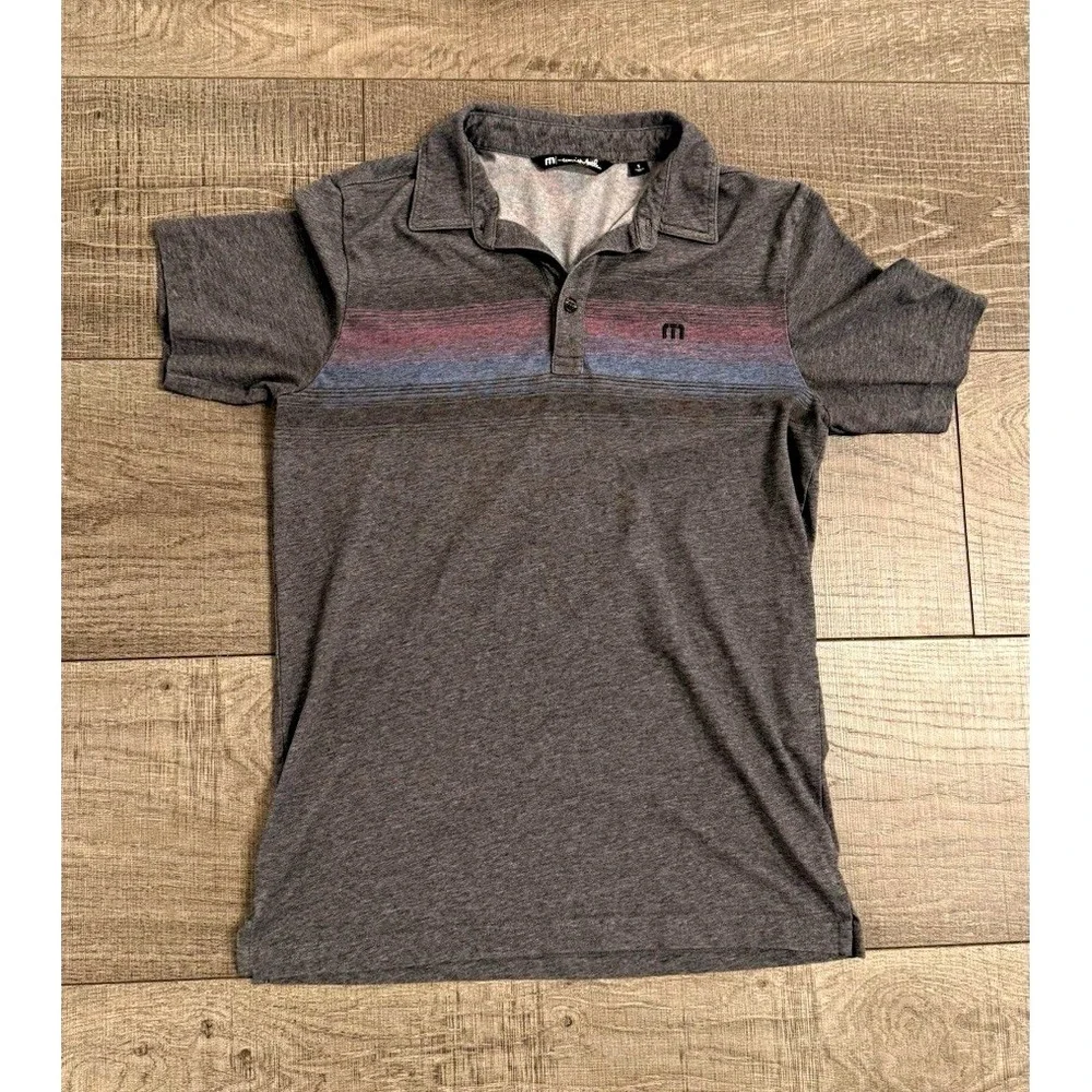 TravisMathew Men's Gray Striped Polo Shirt S Short Sleeve Collared Logo Button